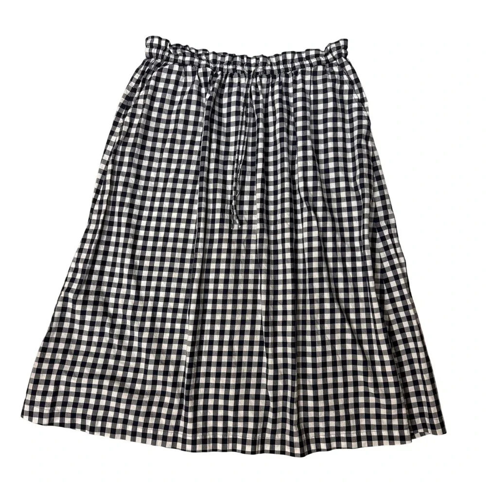 J.Crew Navy Blue White Gingham Cotton Midi Skirt Elastic Paperbag Waist Large